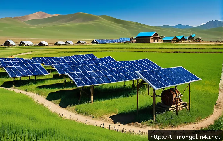 몽골의 사회적 문제 해결 노력 - A vibrant rural Mongolian village scene showcasing innovative solar energy panels installed on tradi...