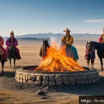 Home 23 몽골의 전통 의식 - A traditional Mongolian ritual scene set in the vast steppe under a bright blue sky, with participan...