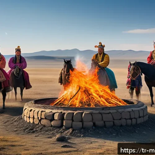 Home 17 몽골의 전통 의식 - A traditional Mongolian ritual scene set in the vast steppe under a bright blue sky, with participan...