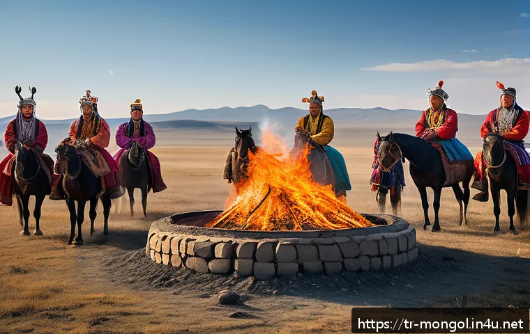 몽골의 전통 의식 - A traditional Mongolian ritual scene set in the vast steppe under a bright blue sky, with participan...