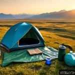 몽골 야생 캠핑 준비물 - Photorealistic wide-angle scene of a Turkish traveler preparing for wild camping on the Mongolian st...