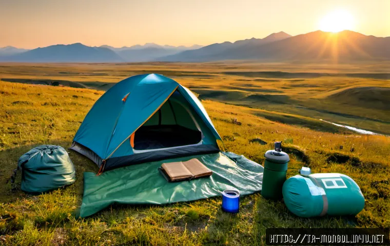 몽골 야생 캠핑 준비물 - Photorealistic wide-angle scene of a Turkish traveler preparing for wild camping on the Mongolian st...