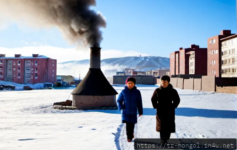몽골 사회 이슈 - Photorealistic winter morning in Ulaanbaatar, Mongolia, a multigenerational family in warm coats wal...