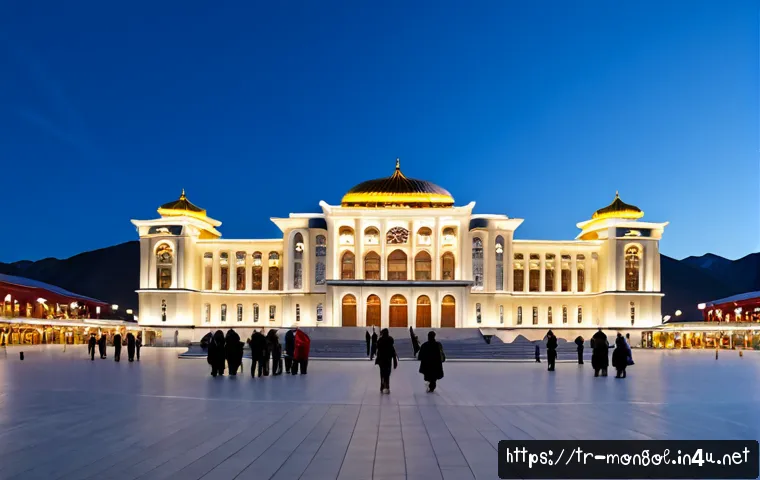 Home 17 몽골의 주요 문화 센터 - Photorealistic wide-angle view of Ulaanbaatar’s cultural heart at blue hour, elegant opera-house-ins...