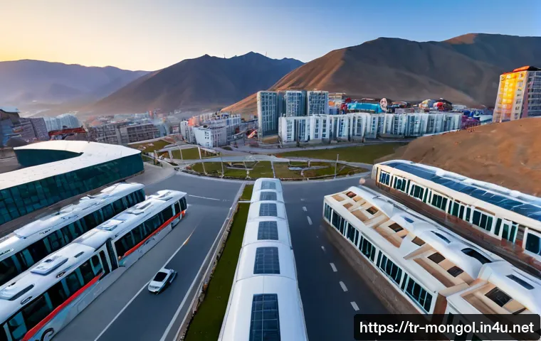 Home 17 몽골의 현대화 과정 - Photorealistic wide-angle view of modern Ulaanbaatar at sunrise, sleek glass office towers and new a...