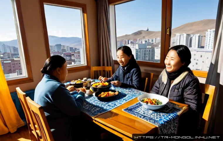 몽골 문화 속의 현대적 변화 - Photorealistic wide-angle scene of a modern Mongolian family in Ulaanbaatar, grandparents and young ...