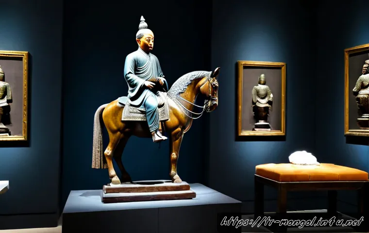 몽골 예술품 경매 - Photorealistic fine-art auction preview in Istanbul, a richly detailed Mongolian Buddhist bronze sta...