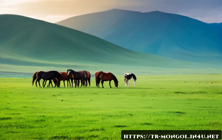 Home 17 몽골 대초원의 사계절 - Photorealistic panoramic view of the Mongolian steppe in spring, fresh green grass rolling toward di...